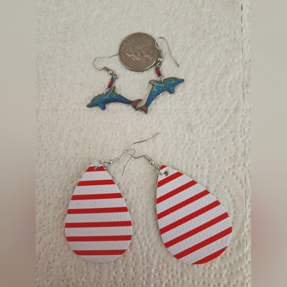 Source Unknown Jewelry - 2 Pairs of Earrings Dolphins and Faux Leather Beach Strip Drops